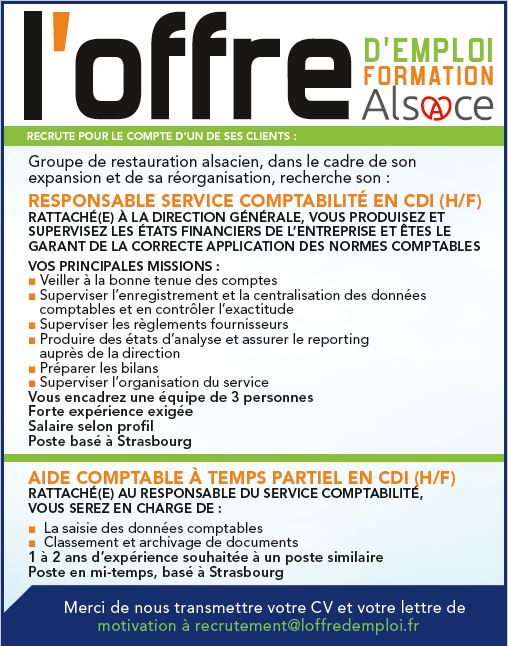 Emploi alsace - 1 aide comptable h/f - comptabilité 